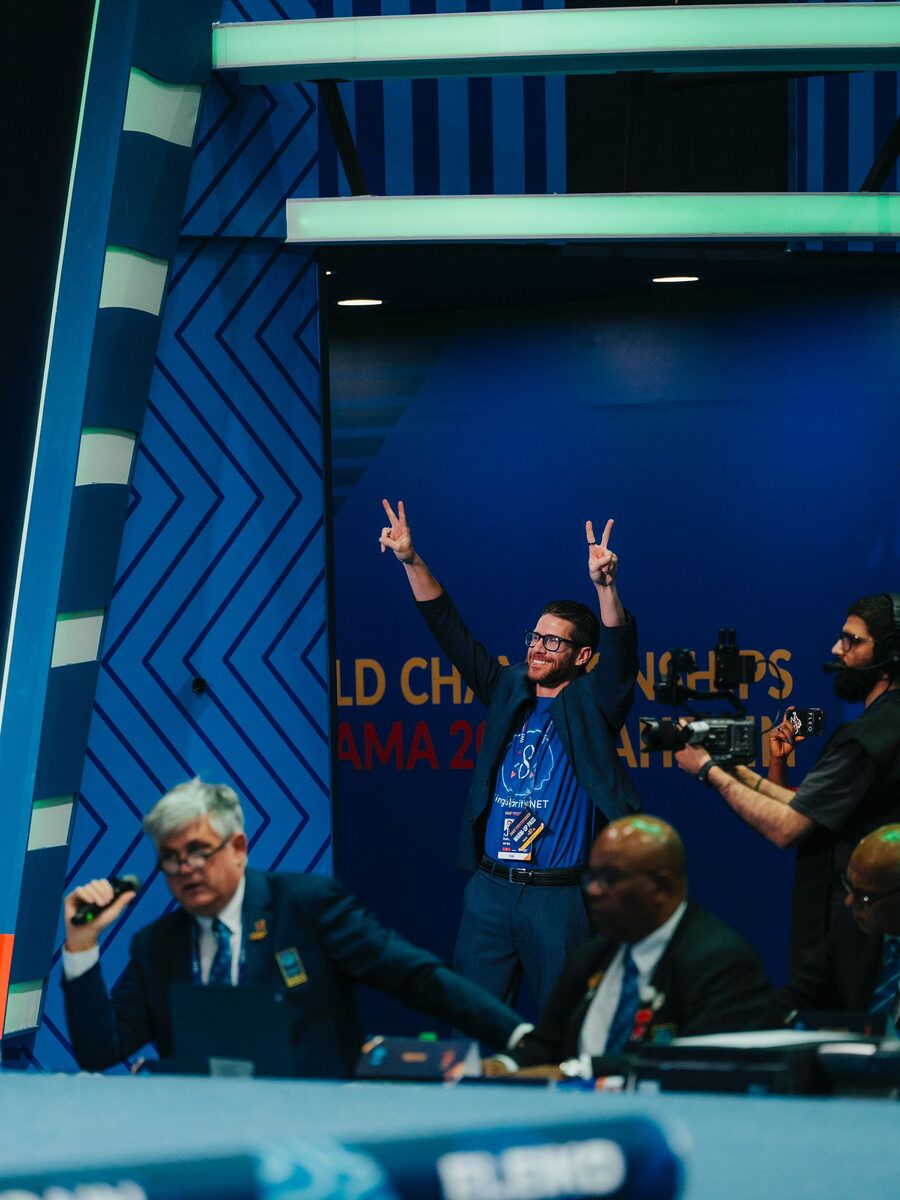 Kevin Frey celebrating at the IWF World Championships in Manama